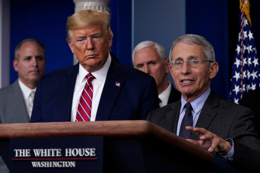 President Donald Trump listens as Director of the National Institute of Allergy and Infectious Diseases Dr. Anthony Fauci speaks during a coronavirus task force briefing at the White House, Friday, March 20, 2020, in Washington. (AP Photo/Evan Vucci)