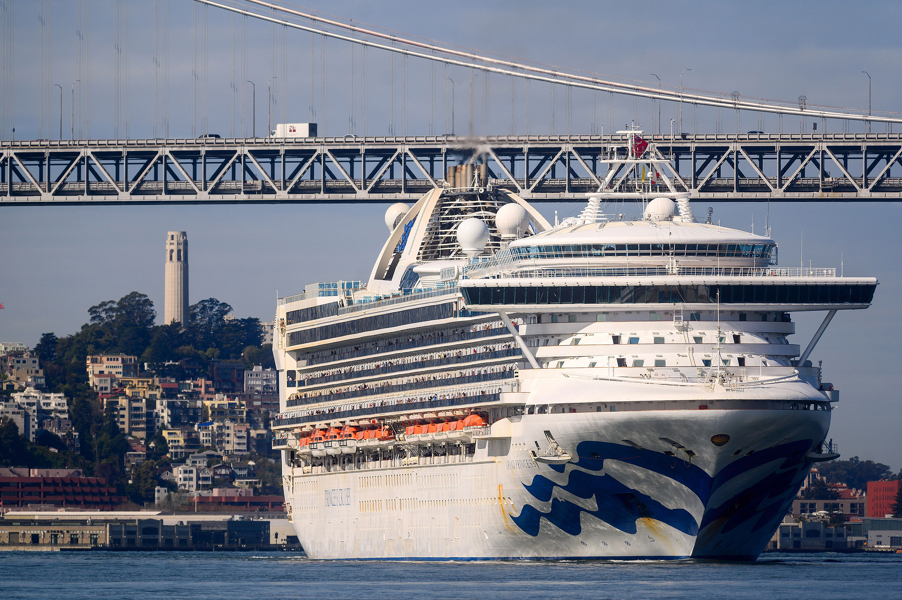 The Grand Princess docked in Oakland after days of being kept at sea due to concerns over coronavirus cases onboard. (Noah Berger/AP)
