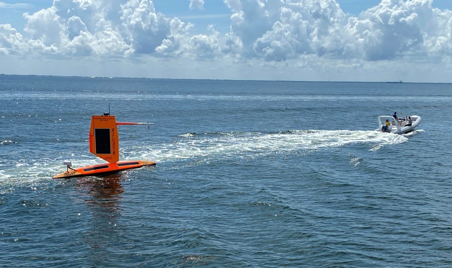A saildrone was launched this week from St. Petersburg, Florida. Two of the saildrones will track hurricane data in the Gulf of Mexico for the first time. The other five will collect data in the Atlantic Ocean and Caribbean Sea. Credit: NOAA