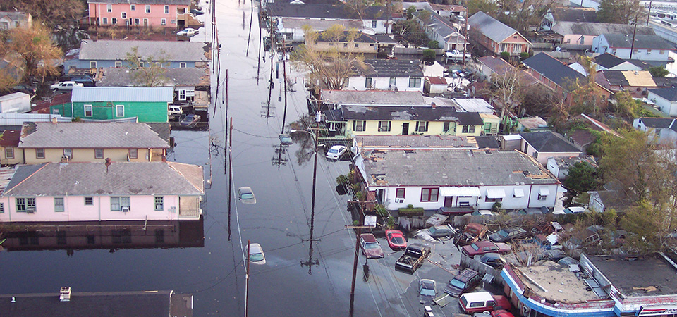 A view of New Orleans, Louisiana, following Hurricane Katrina. This image was taken on September 5, 2005, from a U.S. Coast Guard helicopter during an aerial pollution survey.