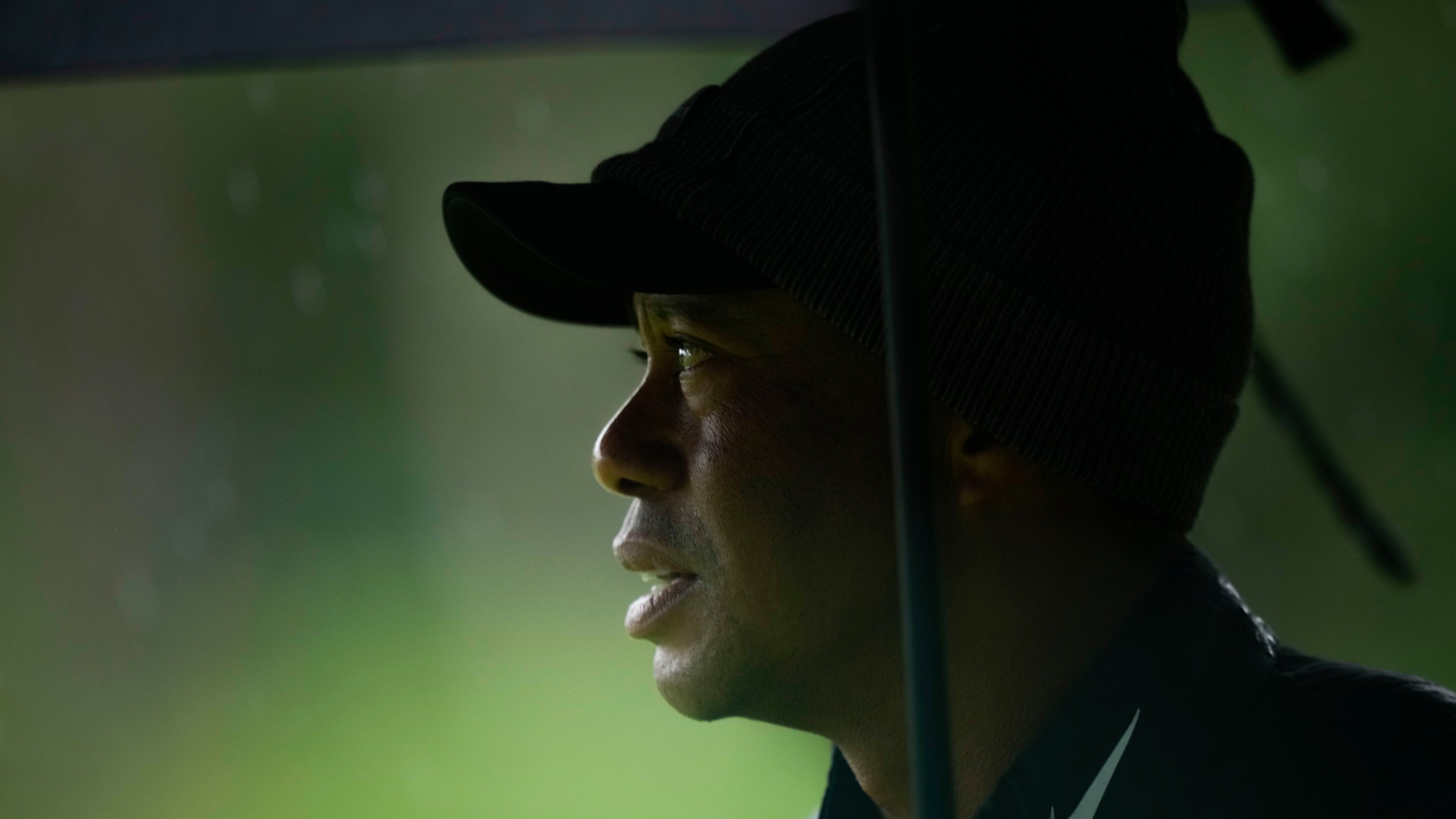Tiger Woods watches on the 13th hole during the weather delayed third round of the Masters golf tournament at Augusta National Golf Club on Saturday, April 8, 2023, in Augusta, Ga. (AP Photo/Matt Slocum)
