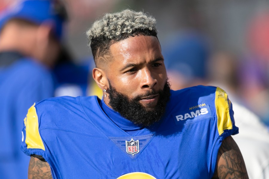 FILE - Los Angeles Rams wide receiver Odell Beckham Jr. walks on the sideline during a NFL divisional playoff football game against the Tampa Bay Buccaneers on Jan. 23, 2022, in Tampa, Fla. The Baltimore Ravens agreed to a one-year contract with Beckham Jr., boosting their flagging wide receiver corps while the team's quarterback situation remains far from certain. The Ravens announced the move Sunday, April 9, 2023. (AP Photo/Alex Menendez, File)