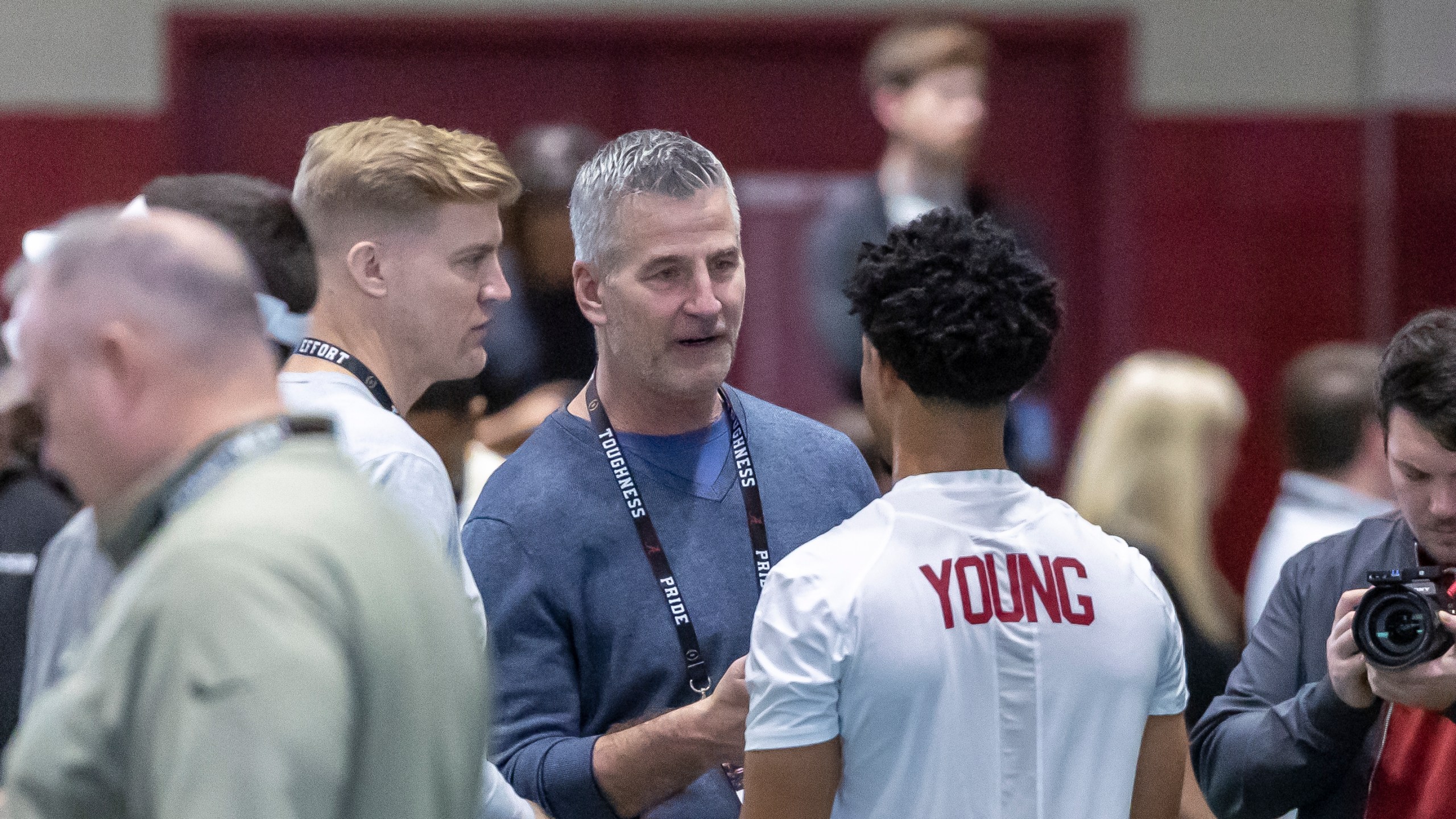 FILE - Carolina Panthers head football coach Frank Reich talks with former Alabama quarterback Bryce Young at Alabama's NFL pro day, Thursday, March 23, 2023, in Tuscaloosa, Ala. The Panthers packaged two first-round picks, two second-round picks and star receiver D.J. Moore to move up from No. 9 in the draft to the top pick to give Carolina the pick of the lot at quarterback in next week's draft. (AP Photo/Vasha Hunt, File)