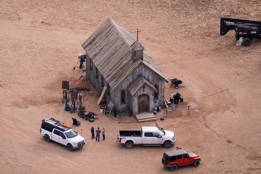 FILE - This aerial photo shows the movie set of "Rust" at Bonanza Creek Ranch in Santa Fe, N.M., on Saturday, Oct. 23, 2021. Prosecutors in New Mexico plan to drop an involuntary manslaughter charge against Alec Baldwin in the fatal 2021 shooting of a cinematographer on the set of the Western film “Rust.” Baldwin’s attorneys said in a statement Thursday that they are pleased with the decision to dismiss the case. (AP Photo/Jae C. Hong, File)