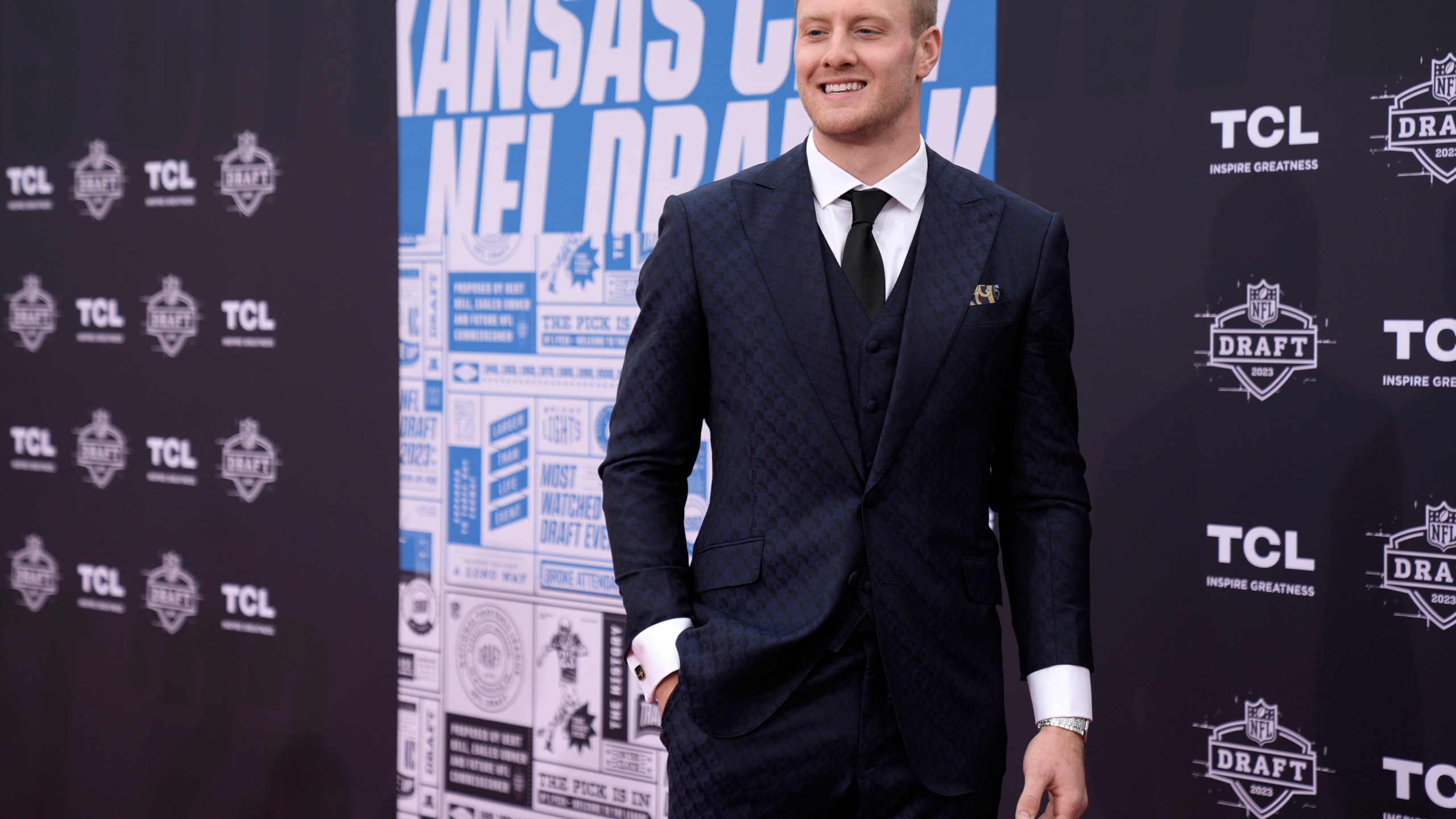 Kentucky quarterback Will Levis arrives on the red carpet before the first round of the NFL football draft, Thursday, April 27, 2023, in Kansas City, Mo. (AP Photo/Charlie Riedel)