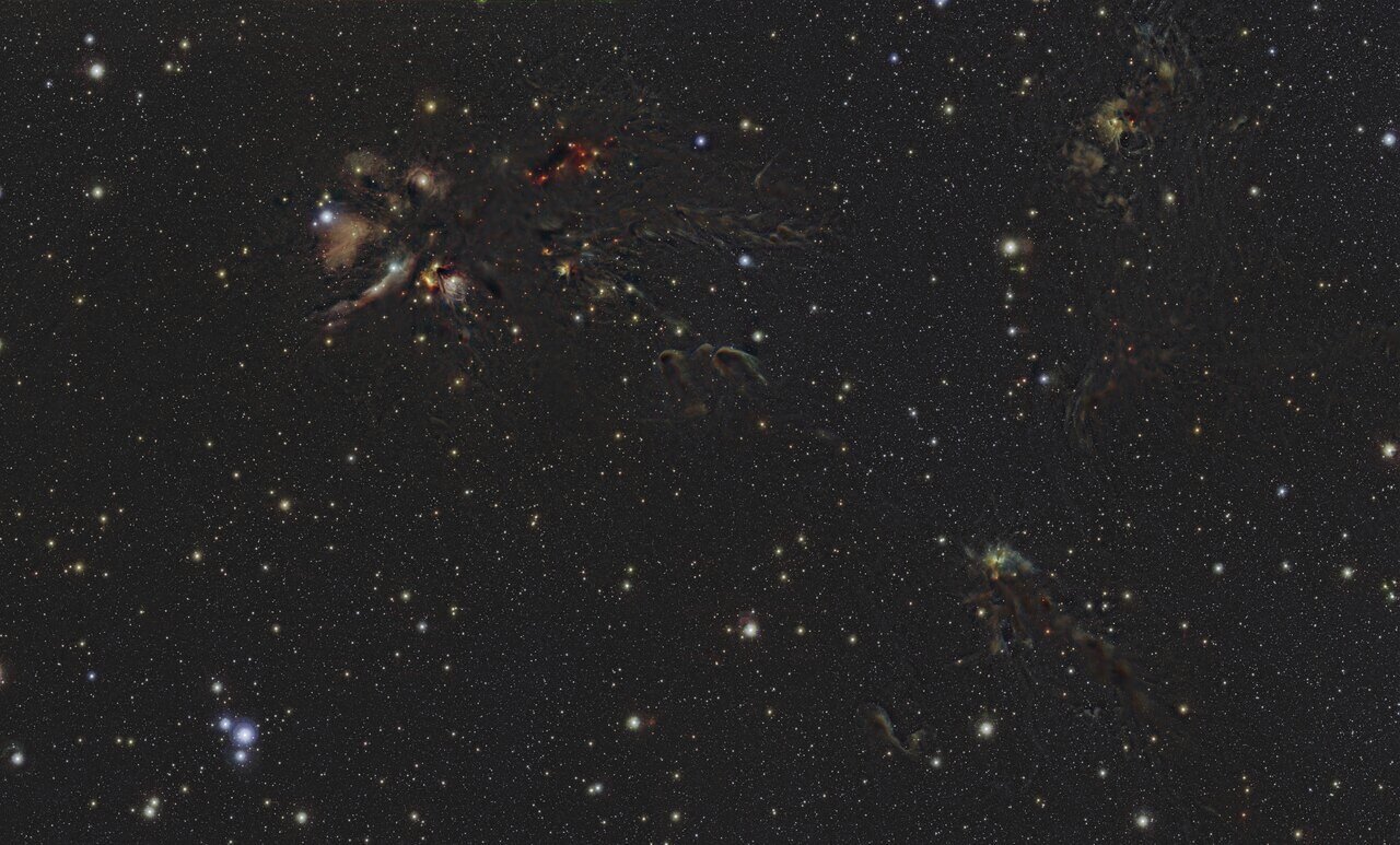 This image provided by European Southern Observatory shows the L1688 region in the Ophiuchus constellation. Astronomers have created a stunning mosaic of stellar nurseries hiding in our galactic backyard. The montage, published Thursday, May 11, 2023, reveals five vast star-forming regions less than 1,500 light-years away. T(European Southern Observatory/Meingast via AP)