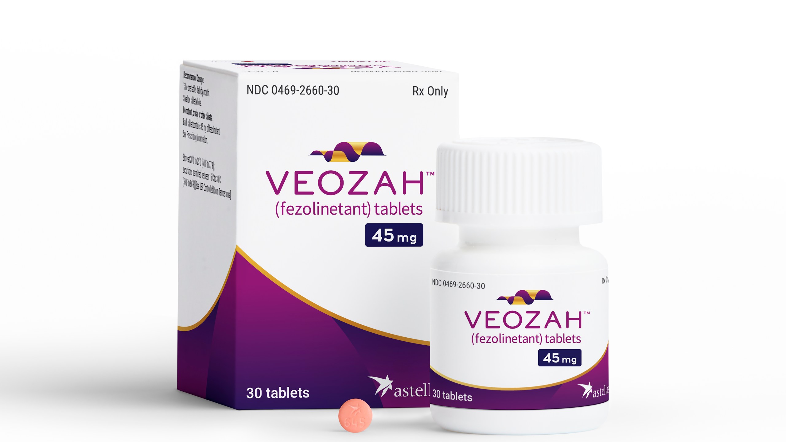 In this undated product photo released by Astellas Pharma, a box and container of Veozah drug are displayed. U.S. health regulators on Friday approved a new type of drug for women dealing with uncomfortable hot flashes caused by menopause. (Astellas Pharma via AP)