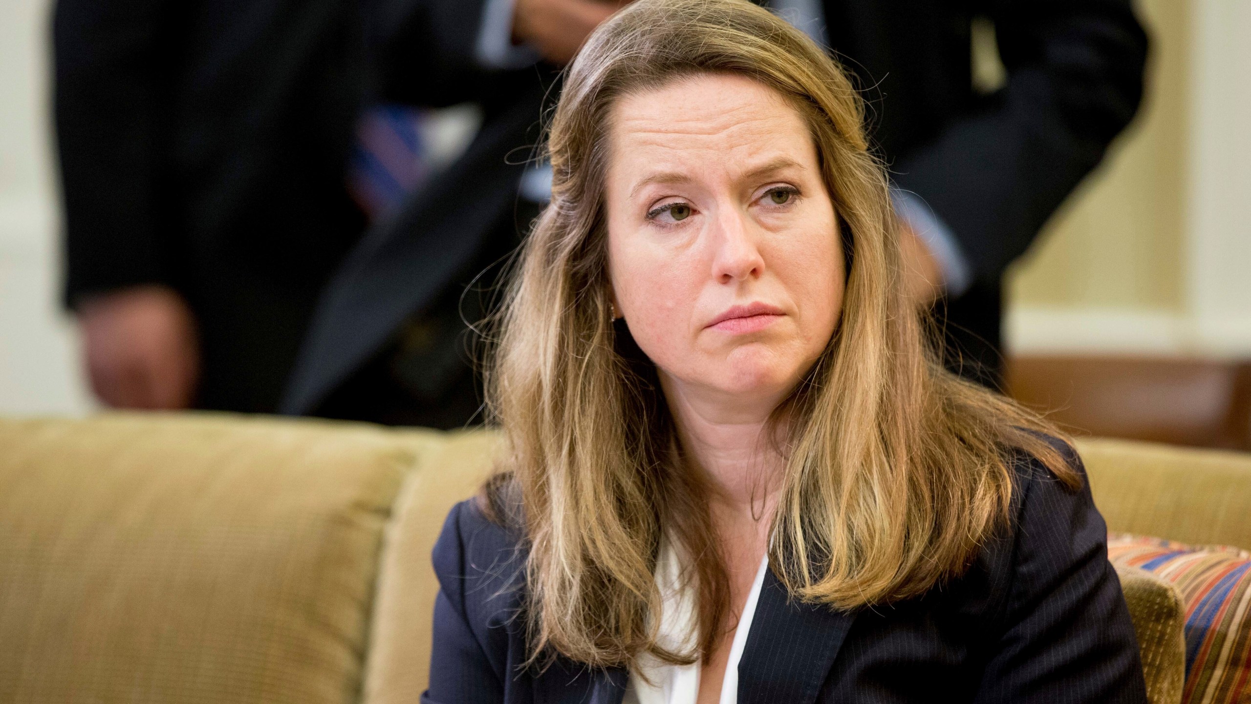 FILE - Deputy Homeland Security Adviser Amy Pope listens as President Barack Obama speaks in the Oval Office at the White House in Washington, May 20, 2016. International Organization for Migration chief Antonio Vitorino of Portugal faces what is poised to be a tight race against his Biden administration-backed American deputy, Amy Pope, as the Geneva-based organization chooses a new director-general on Monday, May 15, 2023. (AP Photo/Andrew Harnik, File)