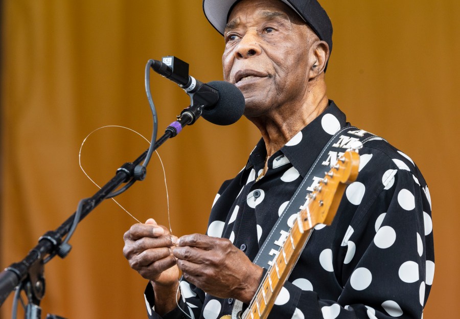 FILE - Buddy Guy plays with one of his guitar strings after it broke off during his performance on the Festival Stage at the New Orleans Jazz & Heritage Festival, May 4, 2023, in New Orleans. Blues mainstays Buddy Guy, Albert Castiglia and John Nemeth each won two awards and Tommy Castro took home the prize of B.B. King Entertainer of the Year at the Blues Music Awards in Memphis, Tenn., Thursday, May 11. (Chris Granger/The Times-Picayune/The New Orleans Advocate via AP, File)