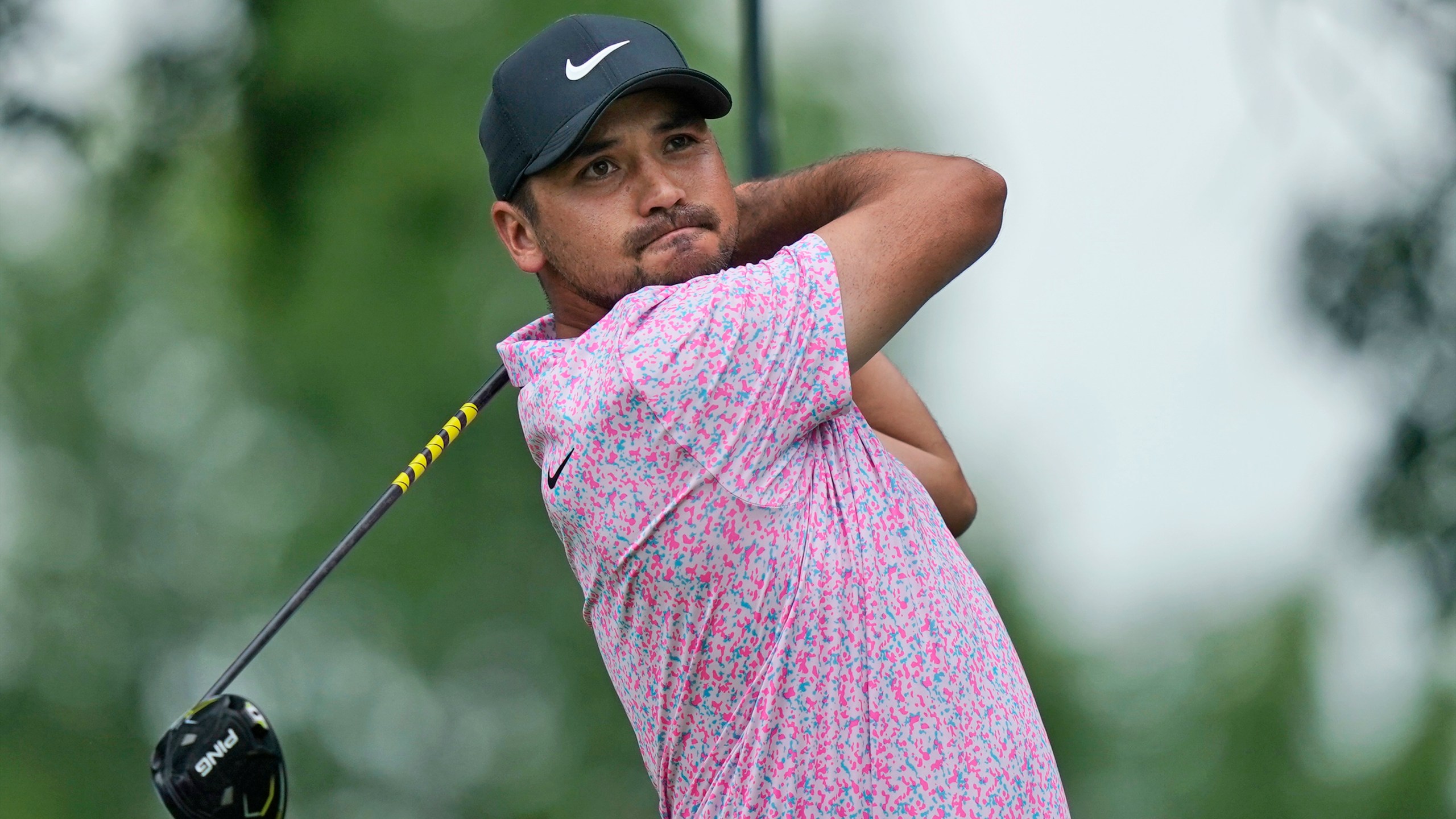 Jason Day, of Australia, hits a tee shot on the second hole during the final round of the Byron Nelson golf tournament in McKinney, Texas, Sunday, May 14, 2023. (AP Photo/LM Otero)