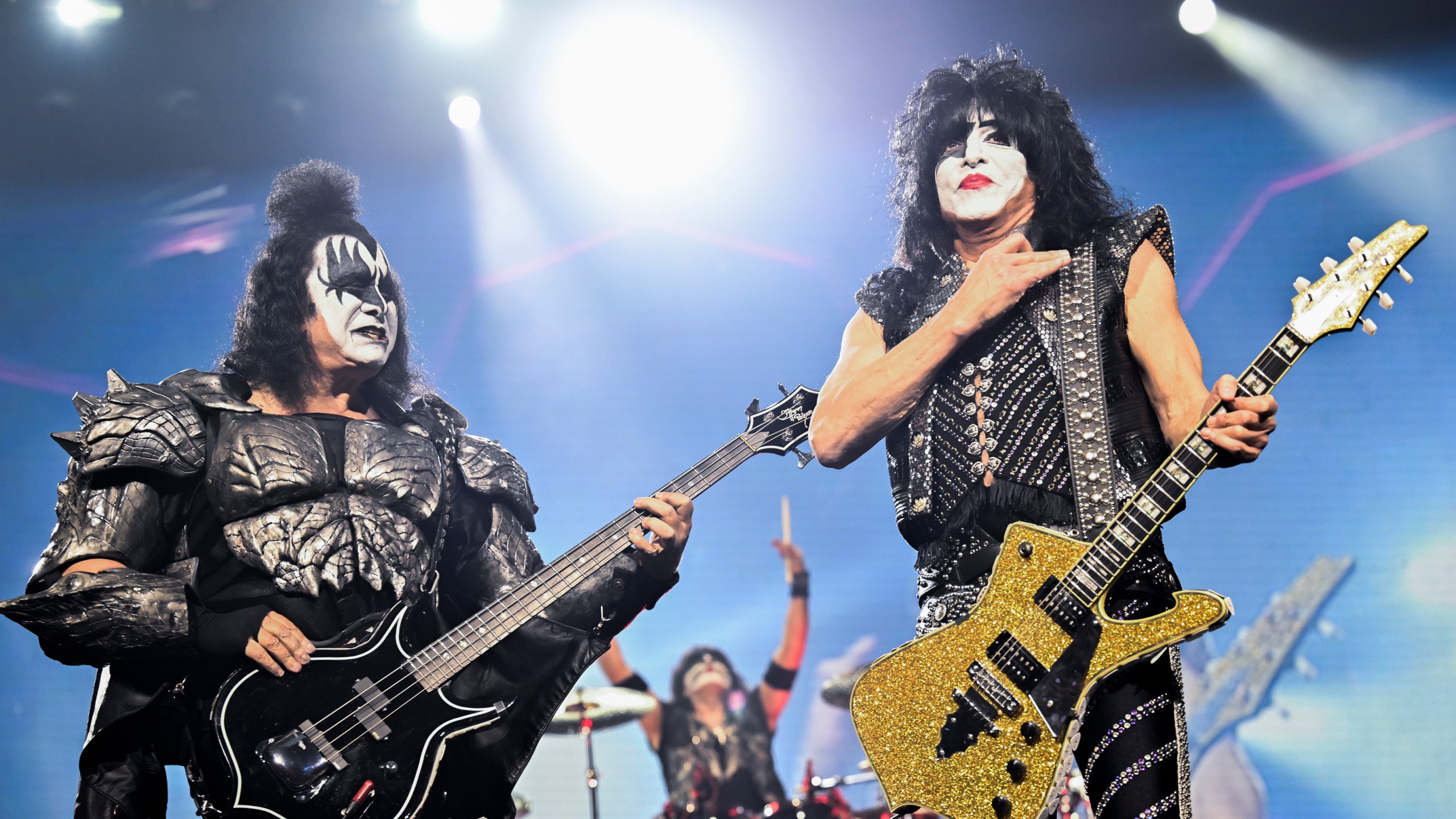 Gene Simmons, left, and Paul Stanley of KISS perform during the final night of the "Kiss Farewell Tour" on Saturday, Dec. 2, 2023, at Madison Square Garden in New York. (Photo by Evan Agostini/Invision/AP)