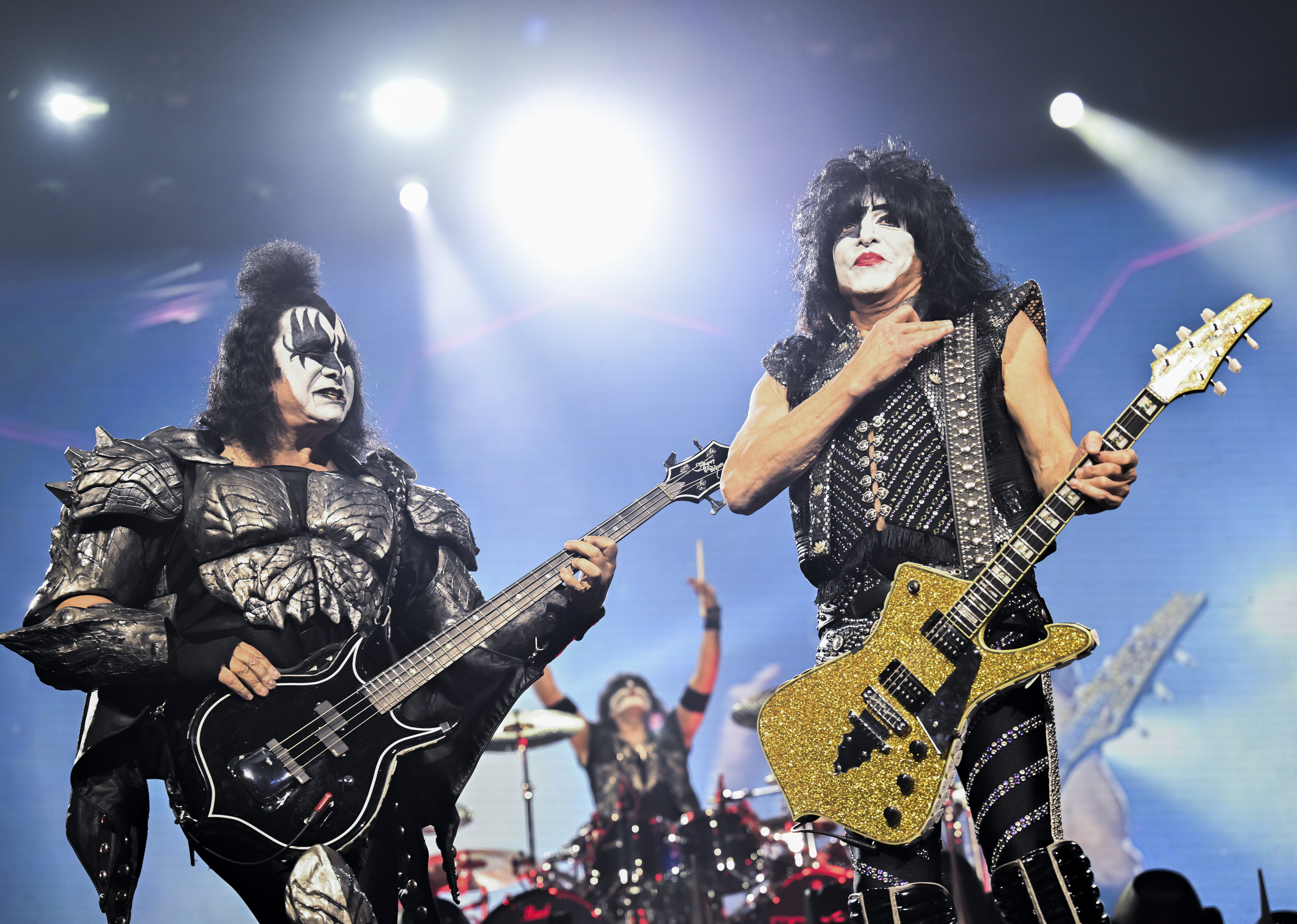 Gene Simmons, left, and Paul Stanley of KISS perform during the final night of the "Kiss Farewell Tour" on Saturday, Dec. 2, 2023, at Madison Square Garden in New York. (Photo by Evan Agostini/Invision/AP)