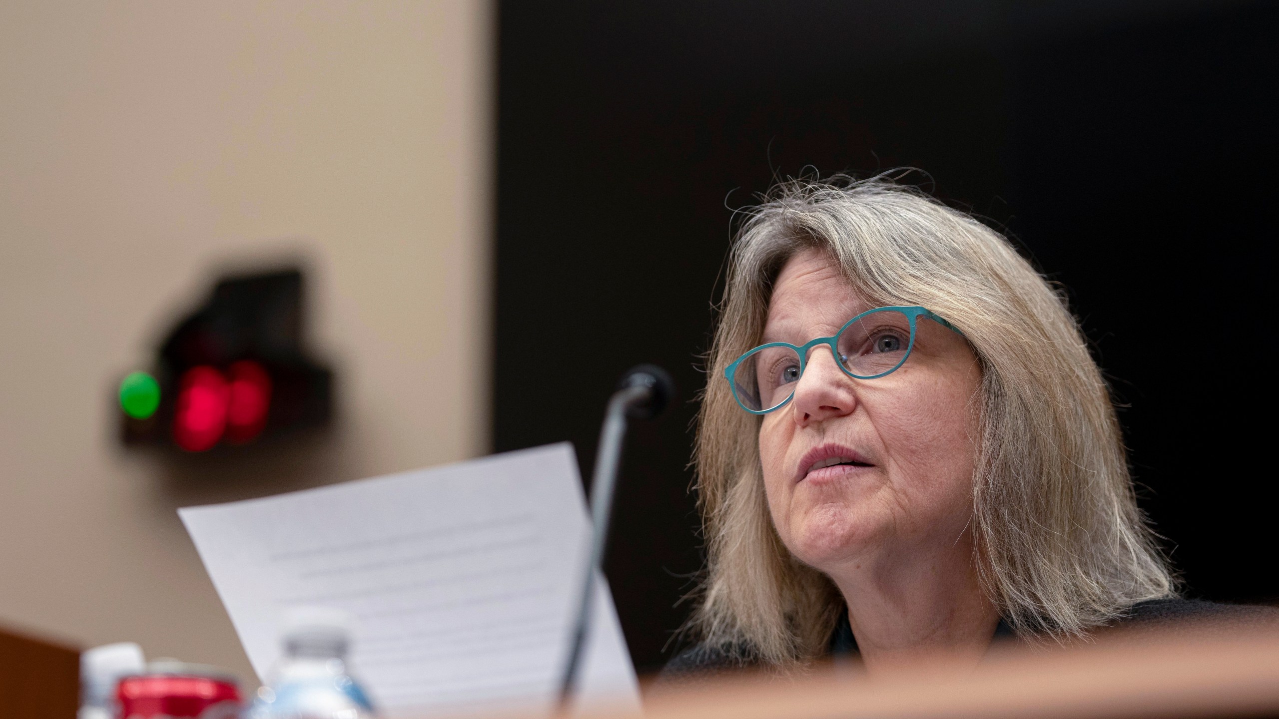Massachusetts Institute of Technology (MIT) President Sally Kornbluth reads her opening statement during a hearing of the House Committee on Education on Capitol Hill, Tuesday, Dec. 5, 2023 in Washington. (AP Photo/Mark Schiefelbein)