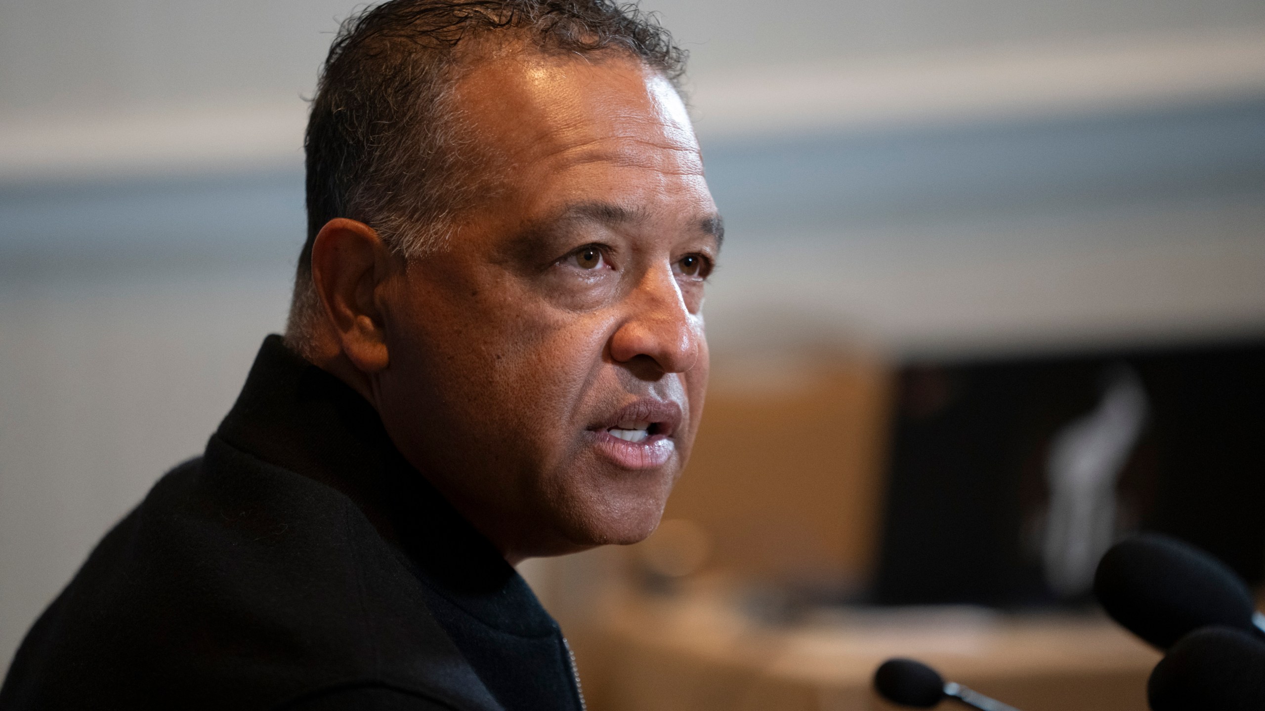 Los Angeles Dodgers manager Dave Roberts responds to questions during the Major League Baseball winter meetings Tuesday, Dec. 5, 2023, in Nashville, Tenn. (AP Photo/George Walker IV)