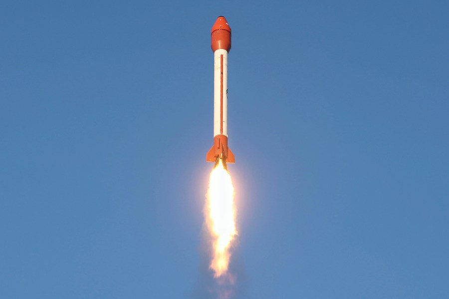 This photo released by the Iranian Defense Ministry on Wednesday, Dec. 6, 2023, claims to show a rocket with a capsule carrying animals is launched from an undisclosed location into orbit, Iran. Iran said Wednesday it sent a capsule into orbit carrying animals as it prepares for human missions in coming years. (Iranian Defense Ministry via AP)