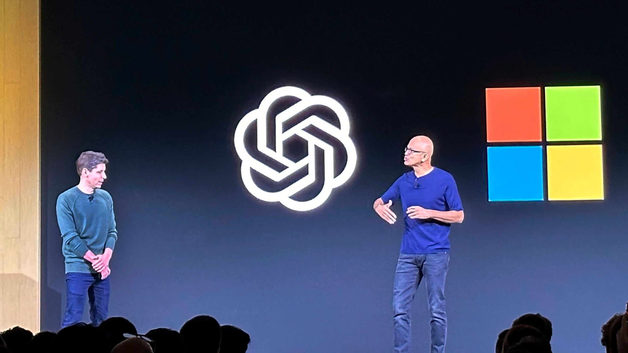File - OpenAI CEO Sam Altman, left, appears onstage with Microsoft CEO Satya Nadella at OpenAI's first developer conference, on Nov. 6, 2023, in San Francisco. Negotiators will meet this week to hammer out details of European Union artificial intelligence rules but the process has been bogged down by a simmering last-minute battle over how to govern systems that underpin general purpose AI services like OpenAI's ChatGPT and Google's Bard chatbot. (AP Photo/Barbara Ortutay, File)