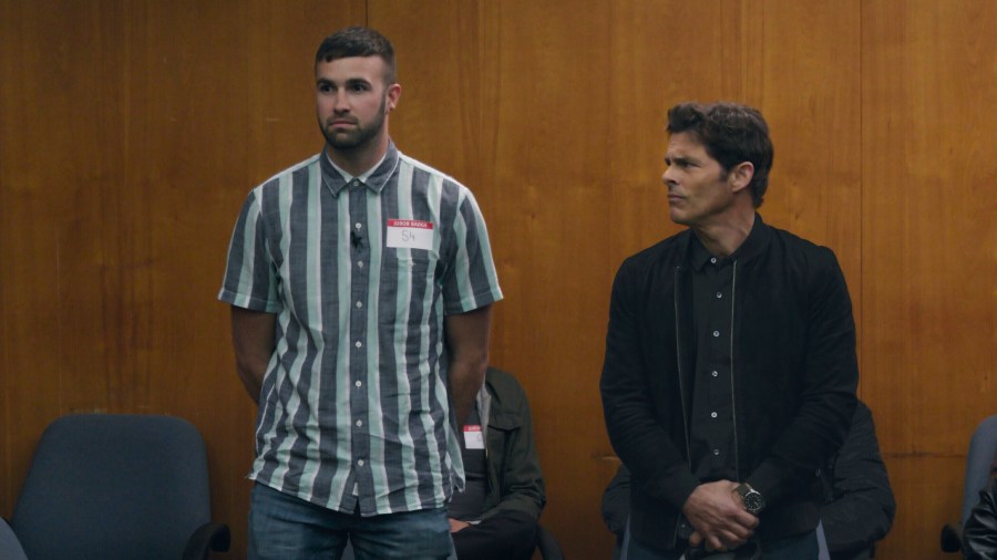 This image released by Amazon Freevee shows Ronald Gladden, left, and James Marsden in a scene from "Jury Duty." (Amazon Freevee via AP)