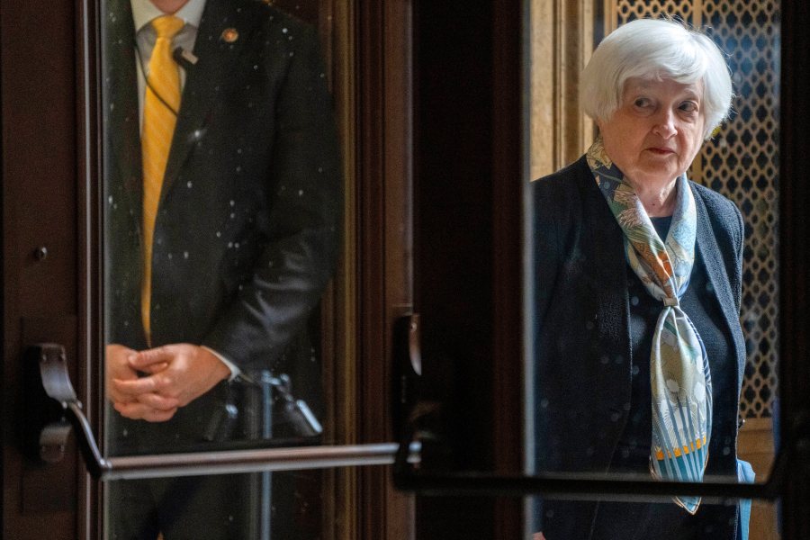 Treasury Secretary Janet Yellen waits outside a room to speak at the Internal Revenue Service headquarters in Washington on Tuesday, Nov. 7, 2023, about the upcoming tax filing season. (AP Photo/Jacquelyn Martin)